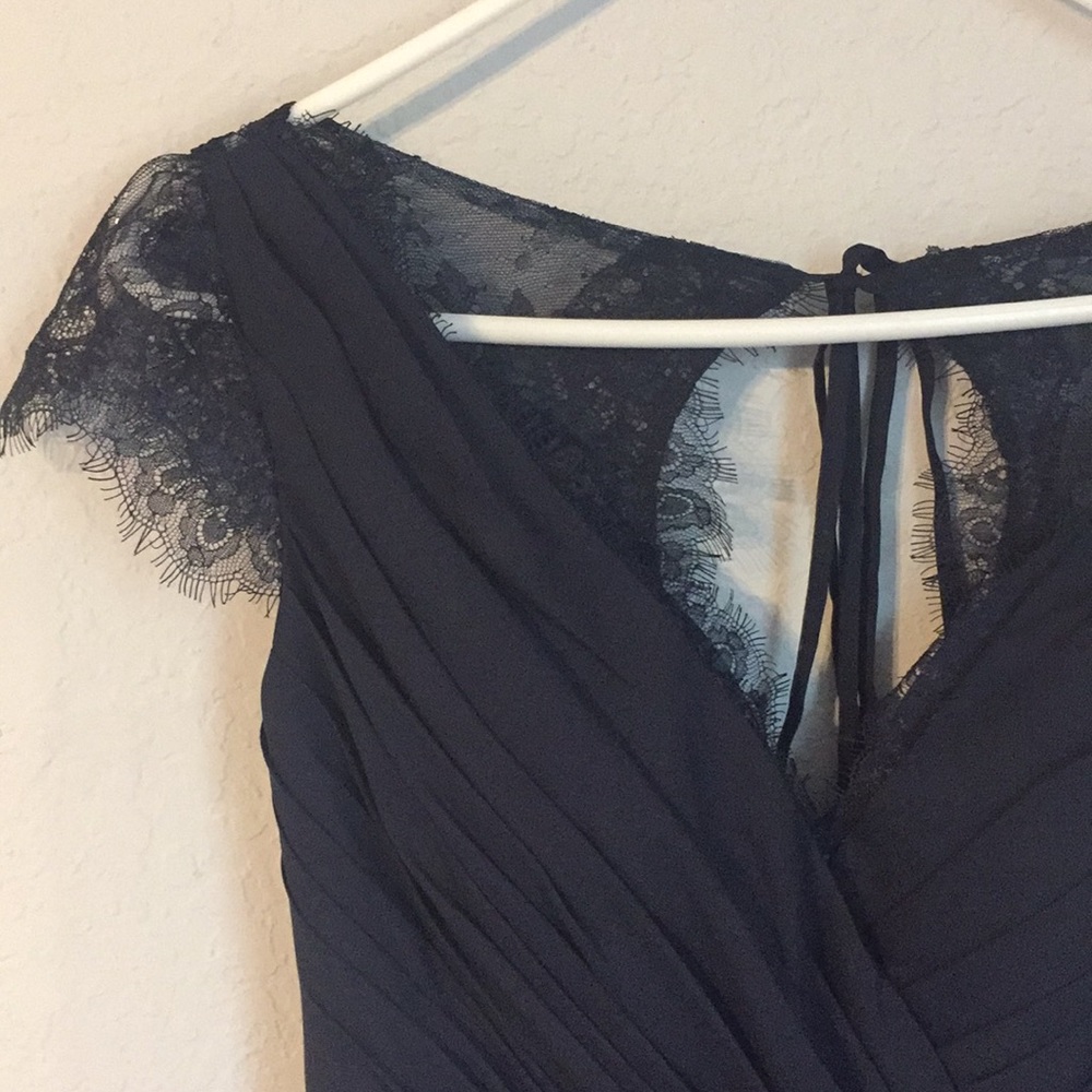 Navy Blue Floor Length Chiffon and Lace Dress
